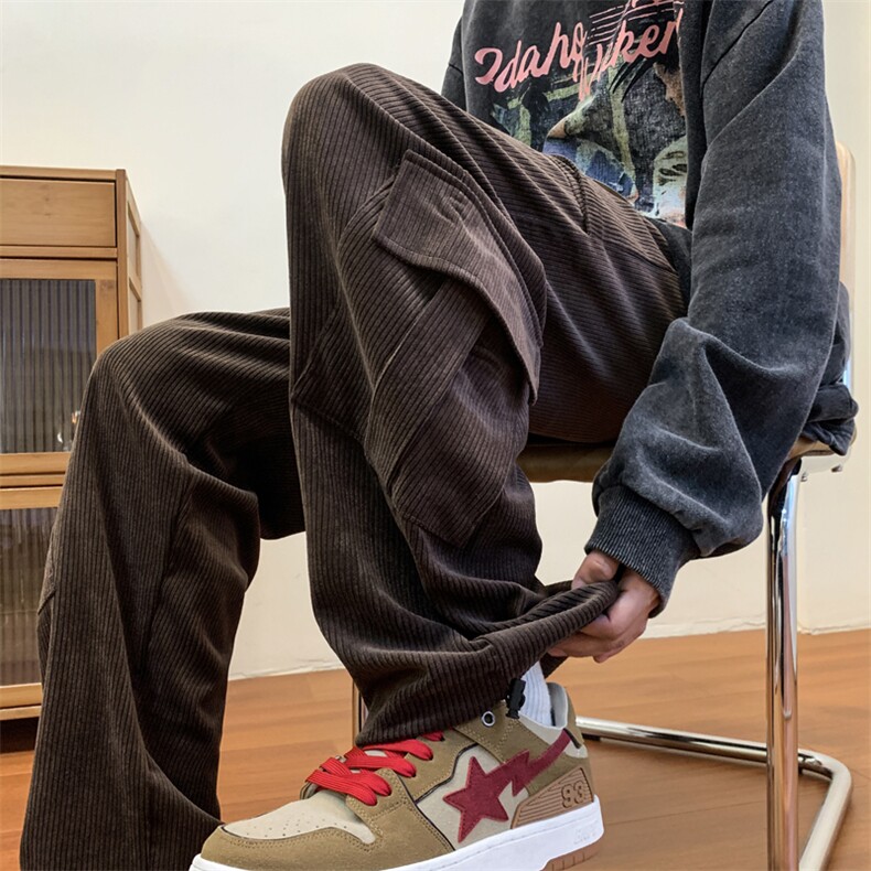 高品质秋款男休闲裤灯芯绒工装裤大口袋抽绳束脚贴标长裤h904 P38图片