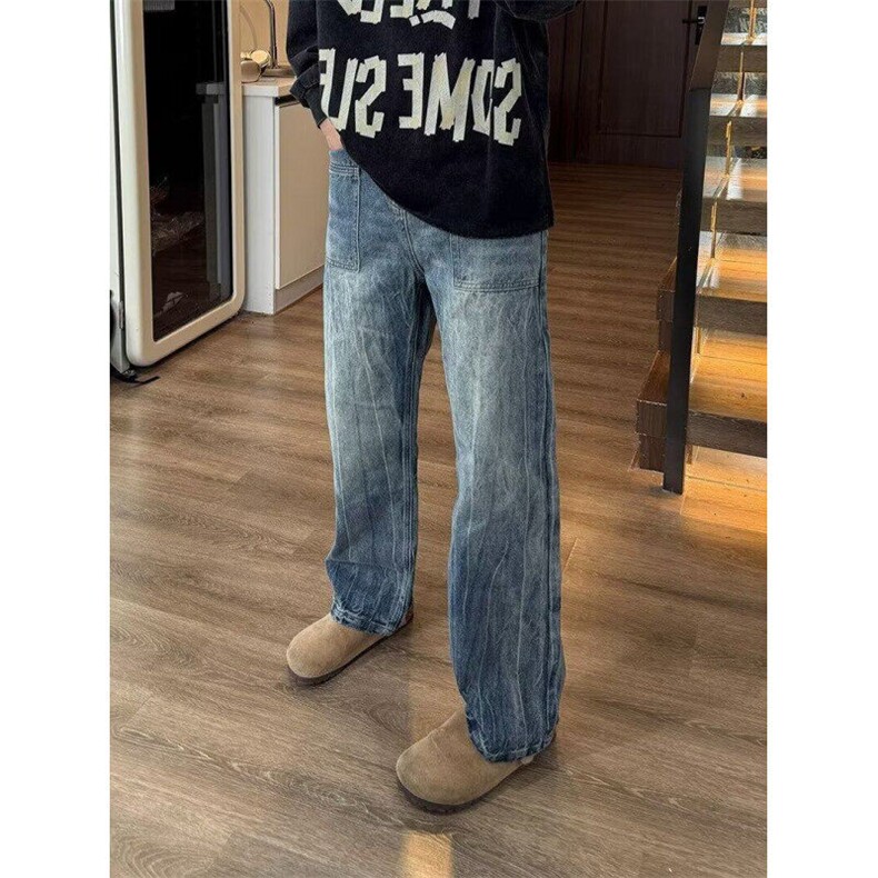 W9638-P48网图现货冰裂纹牛仔裤潮流街头宽松直筒时尚长裤裤,男装牛仔裤,星座1608-2