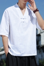 男士大码棉麻透气短袖体恤2025夏季风纯色五分袖上衣T82-P50，男装T恤，电商A008