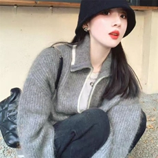秋冬季羊毛翻领竖条纹简约羊毛开衫短外套，女装羊毛衫，锦瑟羊绒