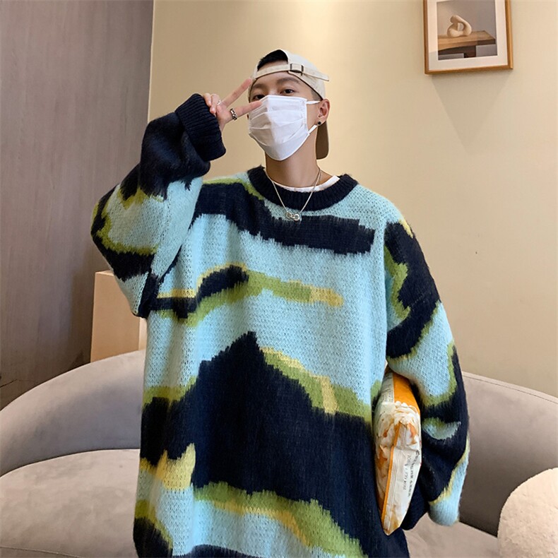 秋冬慵懒风扎染圆领毛衣男ins宽松上衣服潮流情侣针织衫M902-p48，男装针织衫/毛衣，星座1008-1