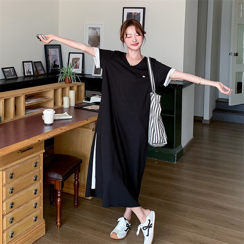 夏季新品设计感慵懒风假两件撞色T恤连衣裙2C2851806P125K1888,女装连衣裙,2C285