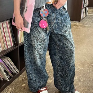 美式复古设计感豹纹阔腿牛仔裤男2025新款宽松显瘦拖地直筒裤图片