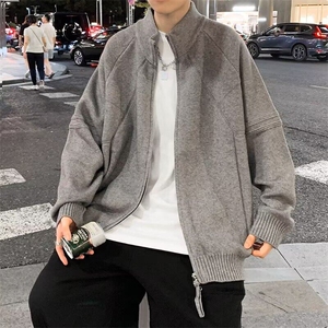 港风秋款男立领毛衣拼接条纹宽松针织衫休闲双拉链外套M231 P60图片