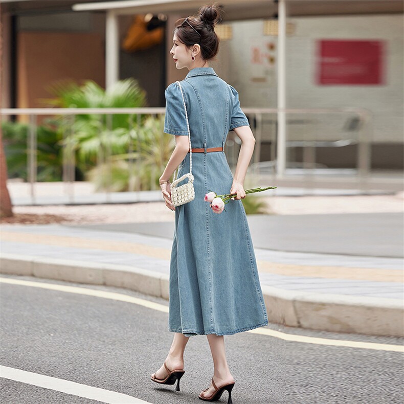 （新款现货）2026年夏季牛仔连衣裙女修身气质长裙休闲复古过膝潮,女装连衣裙,印象茜