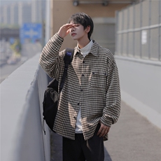 秋冬千鸟格衬衫男加厚毛呢宽松休闲长袖格子外套衬衣DX187P55控78，男装衬衫，电商B413-1