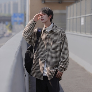 秋冬千鸟格衬衫男加厚毛呢宽松休闲长袖格子外套衬衣DX187P55控78图片