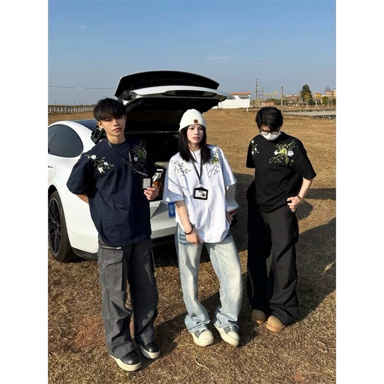 【有货】DZ88-特P40重工街头新中式花卉刺绣廓形短袖T恤潮,男装T恤,星座603-2