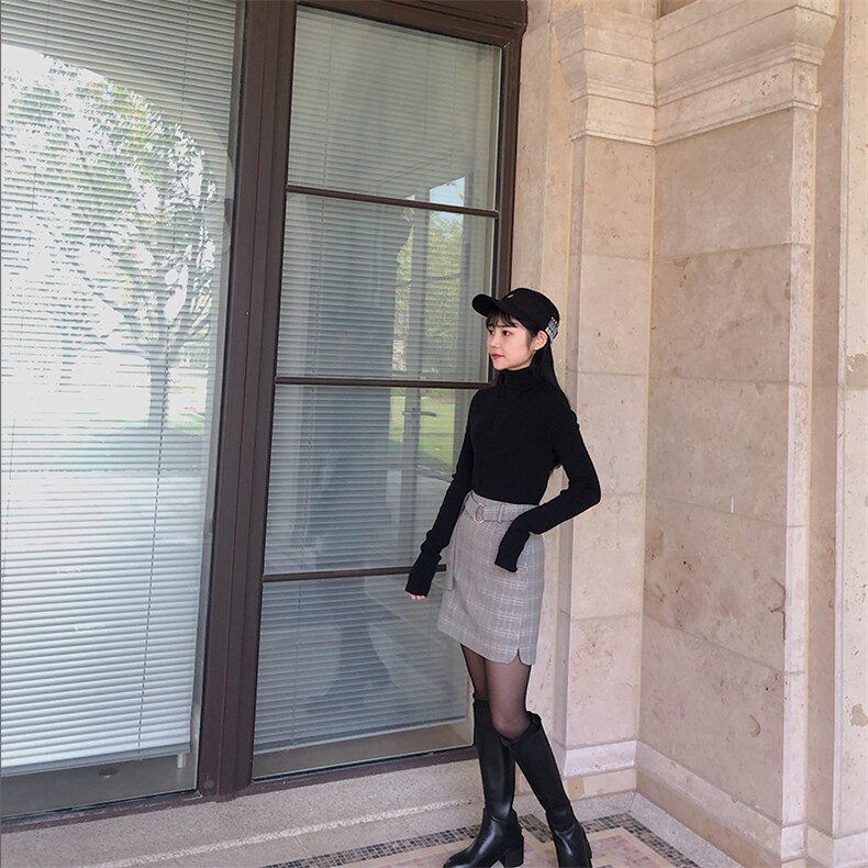 格子a裙半身裙女春秋2021新款高腰经典韩版显瘦小个子包臀短裙,女装半身裙,潮品会