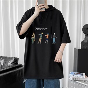 LD54043-P45 连帽短袖t恤男大码胖子带帽五分袖中袖图片