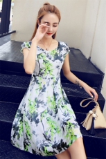 V领短袖时尚气质简约优雅花色植物花卉高腰连衣裙2023年夏季中长款，女装连衣裙，依恋蒂丝