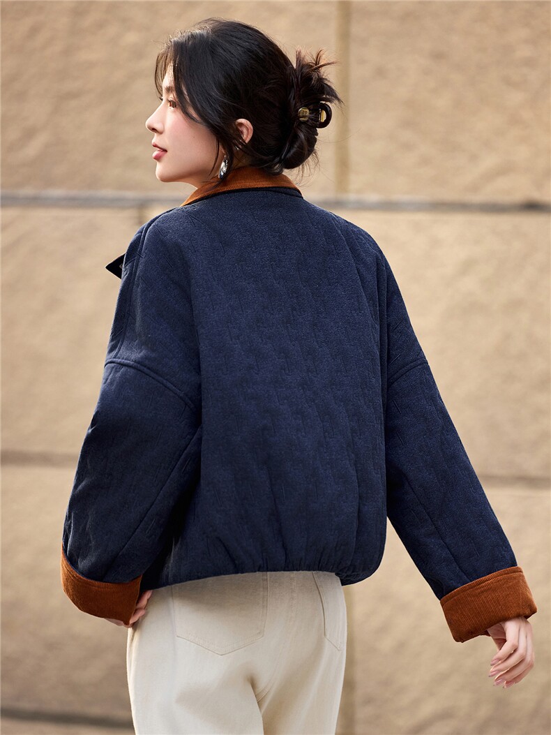 2025年冬季灯芯绒撞色翻领拼接夹棉棉服短外套棉衣,女装棉衣/棉服,简韵佳