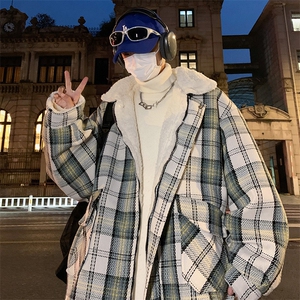 冬季小香风格子棉衣羊羔毛棉服男加绒加厚保暖外套M2311-P100图片
