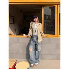 美式复古破洞字母刺绣牛仔裤男女宽松休闲直筒阔腿百搭长裤，男装牛仔裤，星座506A
