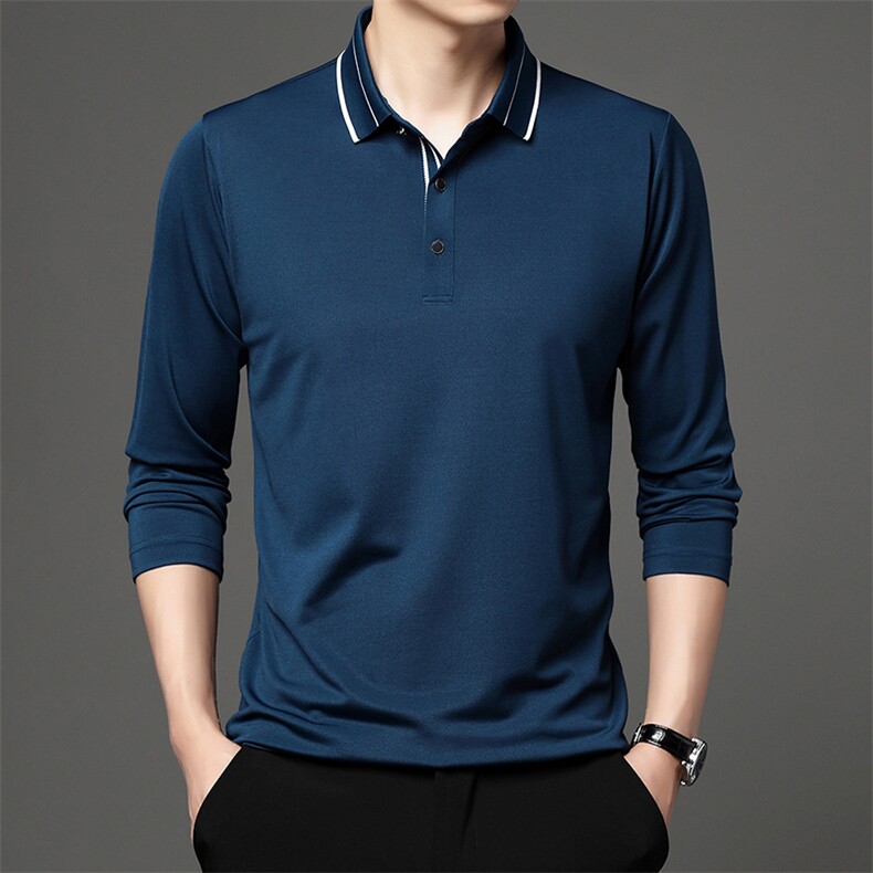 春秋款男士长袖t恤中青年纯色棉质翻领体恤时尚休闲打底POLO衫男，男装Polo衫，电商B212（原钱塘6029）
