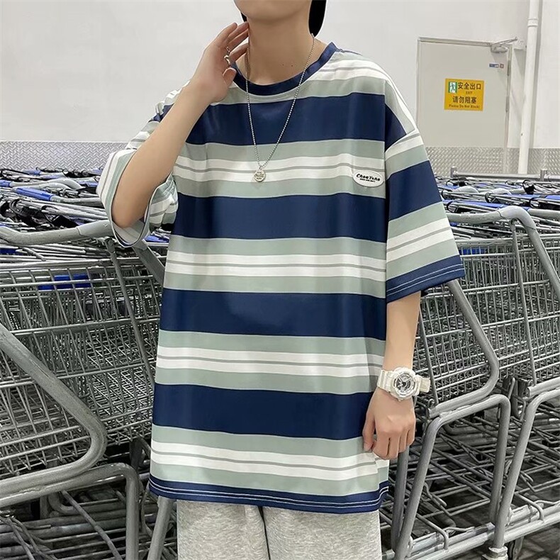 条纹短袖t恤男夏新款港风百搭半袖日系宽松圆领五分袖T699-P20,男装T恤,星座512-4