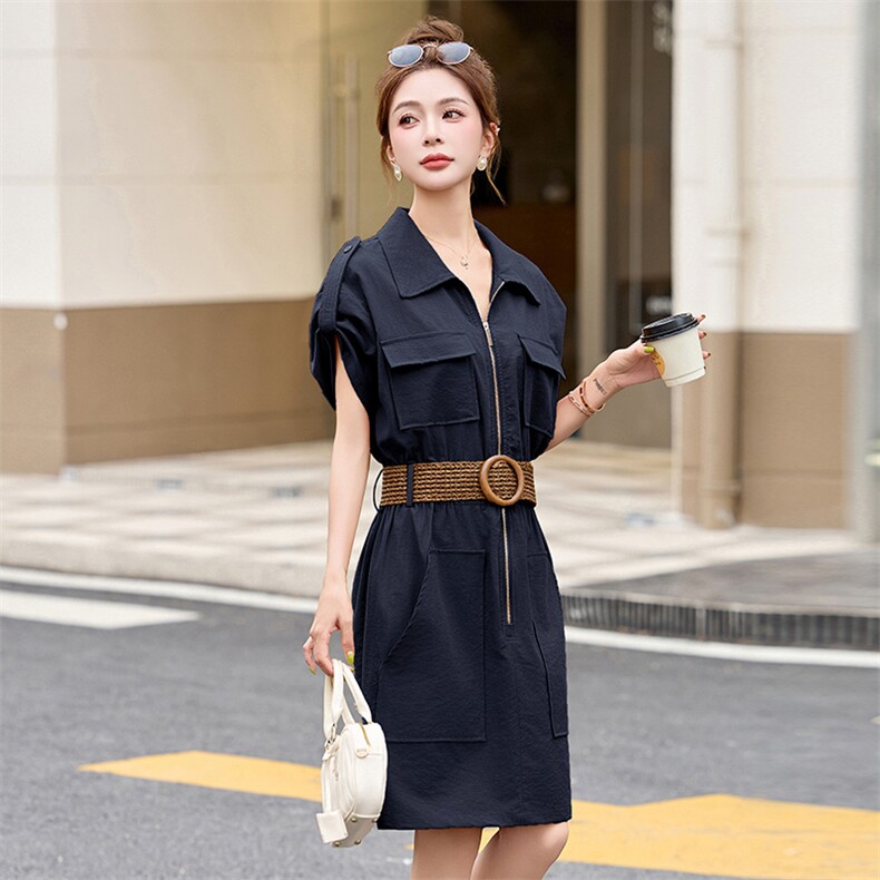时尚休闲翻领工装风连衣裙女2025夏季新款小个子宽松显瘦短袖裙子,女装连衣裙,沁沁公主