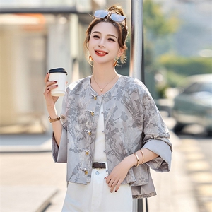 新中式国风提花灰色短外套女2025春新款高端禅意气质百搭盘扣唐装图片
