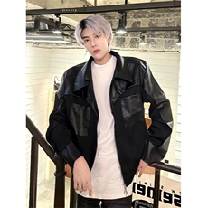 JY130-P68黑色短款垫肩皮衣外套男高级感痞帅机车夹克，男装皮衣，星座1501-3
