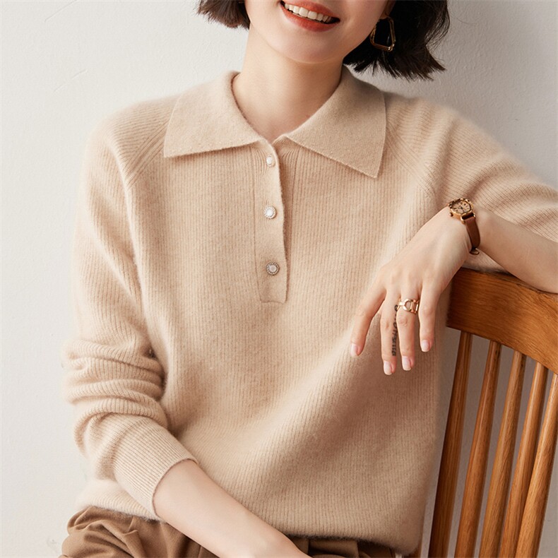 山羊绒衫女士POLO领毛衣秋冬加厚套头半开翻领内搭针织打底衫上衣,女装羊绒衫,蒂暖羊绒