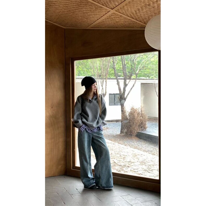 QC041-P65假两件复古格子翻领长袖T恤女秋季设计感宽松上衣,女装卫衣/绒衫,星座617A-2