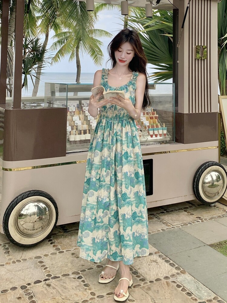 甜美度假风收腰拼接木耳边印花吊带连衣裙女夏2025新绝美长裙及踝,女装连衣裙,浙宝210（原浙宝191）