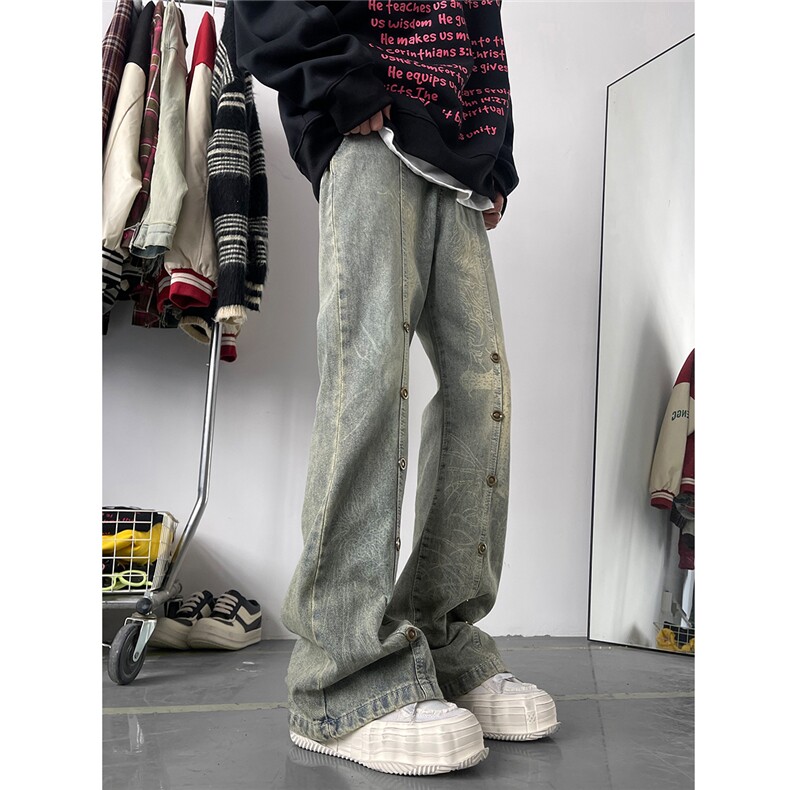 美式废土风复古黄泥色铆钉印花牛仔裤2XZ502-K711-P70控95,男装牛仔裤,星座502