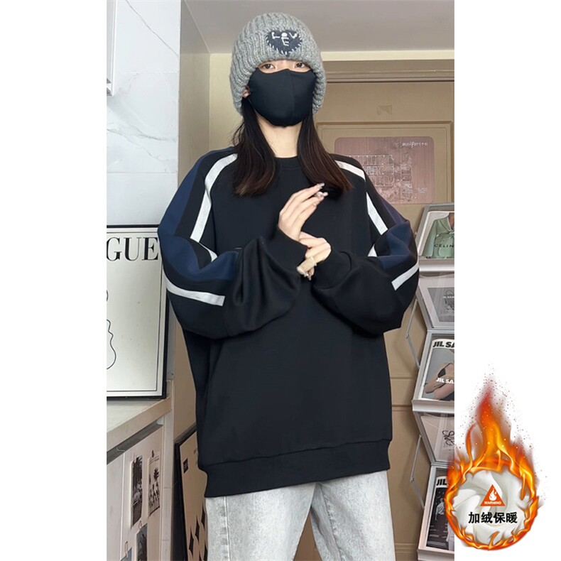 美式拼接撞色圆领卫衣大码宽松加绒加厚上衣W4650JR（加绒）特P46,男装卫衣,电商A007