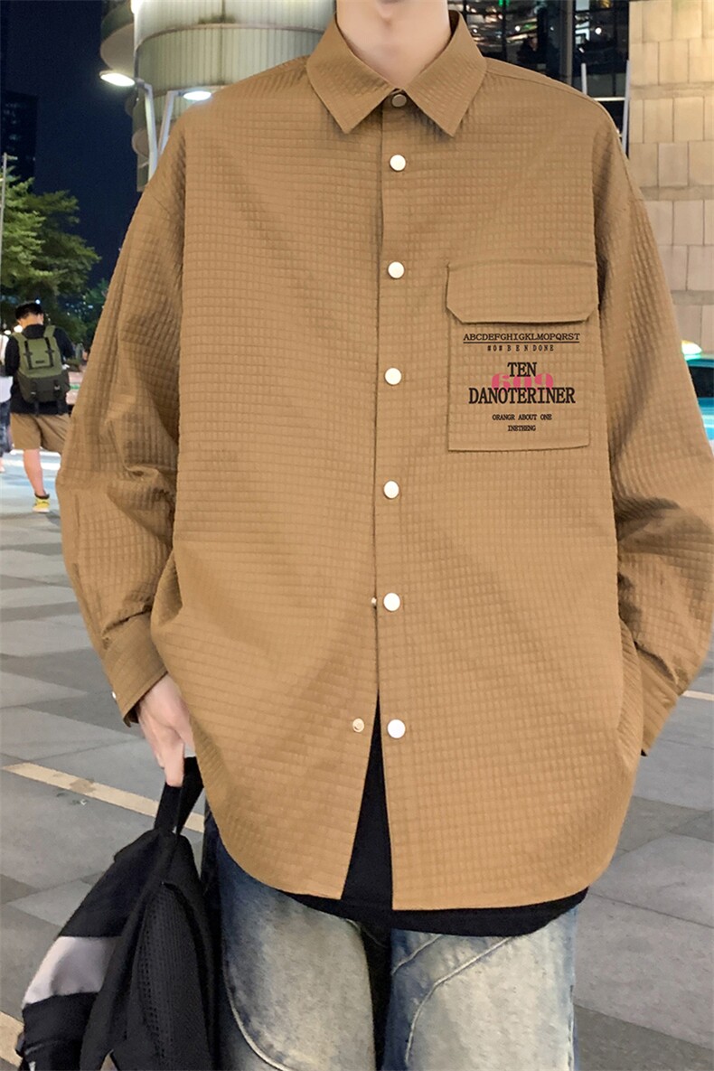 港风新款秋季时尚百搭宽松字母印花衬衫外套S95P45控68,男装衬衫,电商A247