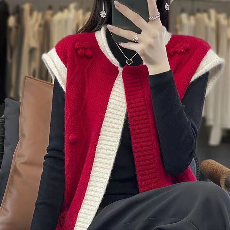 拼色马甲开衫2024年秋季时尚简约百搭针织衫,女装马甲,萱芳婷羊绒