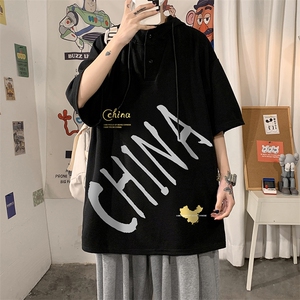 LD54208-P45 连帽短袖t恤男大码胖子带帽五分袖中袖图片