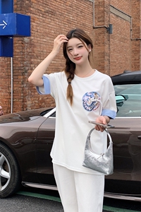 夏季新款定制凤凰刺绣T恤女宽松显瘦对扣中式上衣图片