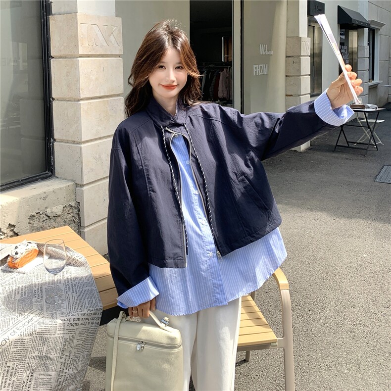 假两件条纹拼接藏青色外套女春秋2025新款小个子上衣流行爆款超火,女装短外套,2C239