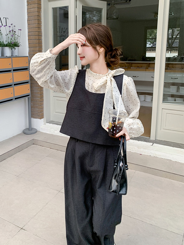 2025春季新款女搭配一整套蓝色牛仔背心阔腿裤搭配波点衬衫三件套,女装套装/套裙,浙宝301