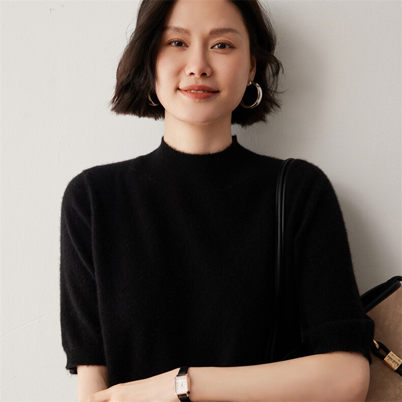 气质亮片圆领短袖山羊绒衫半身裙纯色毛衣女2025秋冬羊毛两件套装,女装T恤,蒂暖羊绒