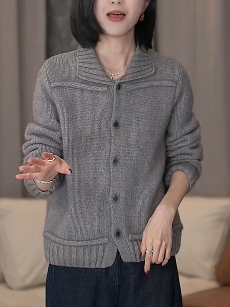2025年秋季新款百搭女士灰色三股翻领开衫,女装羊毛衫,宛庄羊绒