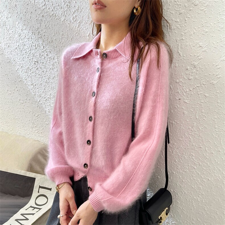 法式宽松短款POLO领羊绒针织开衫女春秋气质毛衣外套打底羊毛衫,女装羊绒衫,仟禧羊绒