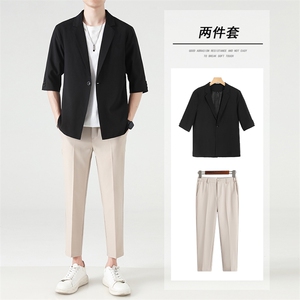 西装套装男春夏修身九分西裤男士休闲长裤子宽松五分袖西服两件套图片