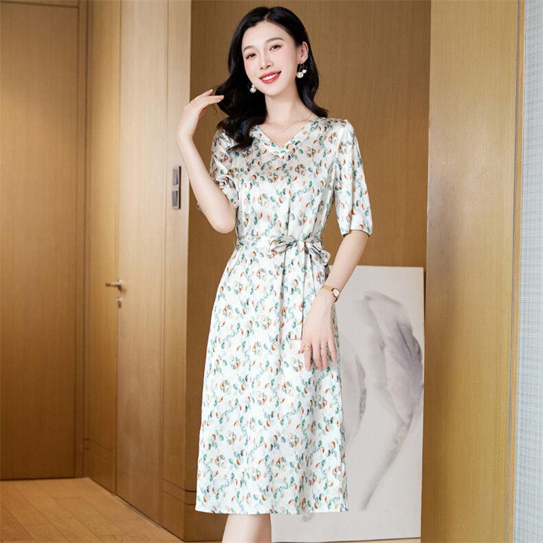 假两件碎花真丝连衣裙女夏季短袖郁金香印花桑蚕丝荷叶边裙子气质,女装连衣裙,阿舍尔精品