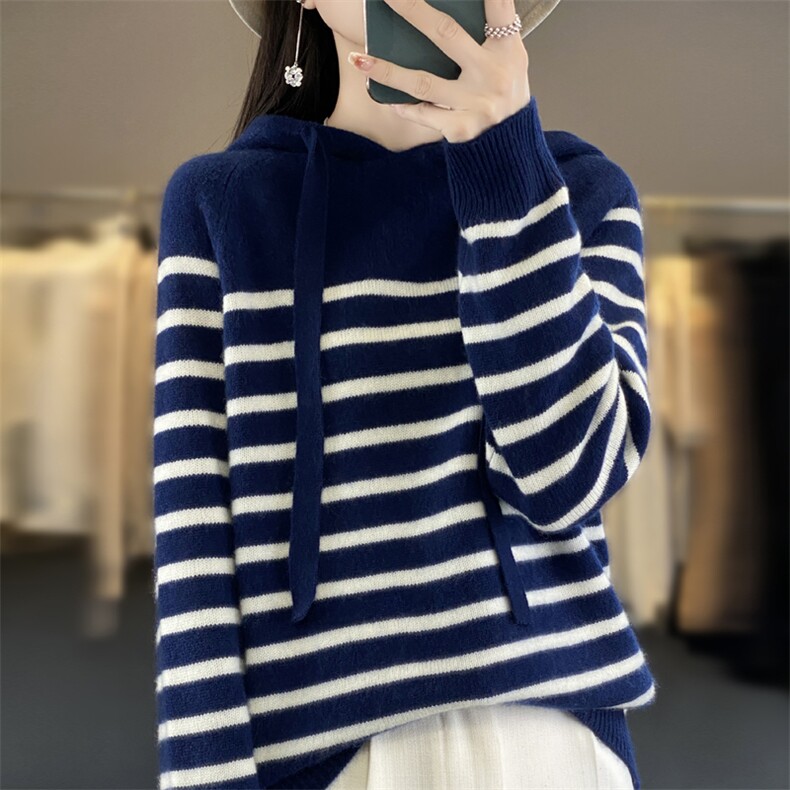 秋冬季新款条纹毛衣女长袖宽松显瘦百搭帽衫上衣,针织衫/毛衣,贵皇网供仓