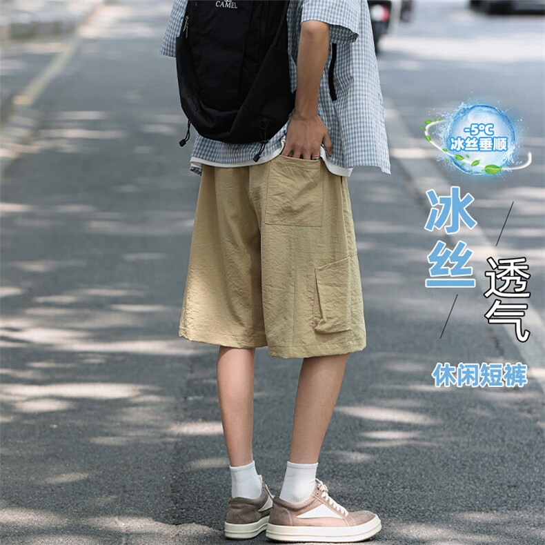 特批P25无差价夏季仿麻轻薄透气冰丝拼接纯色大码五分裤男DK5988图片