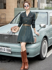 （新款现货）2026春装时尚显瘦复古色西装领牛仔连衣裙（配腰带），女装连衣裙，印象茜