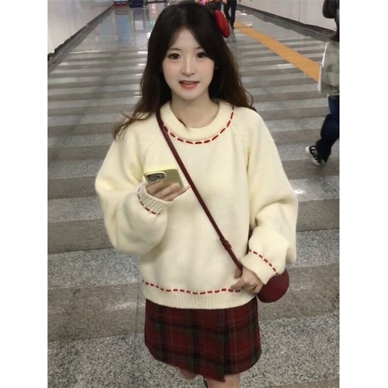 甜美杏色圆领套头毛衣女学生冬季学院风软糯百搭针织衫M6188,男装针织衫/毛衣,星座1116A（原606A-3）