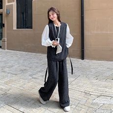 韩系小香风气质套装女2025春新款设计感拼接收腰显瘦阔腿裤两件套，女装套装/套裙，维壹