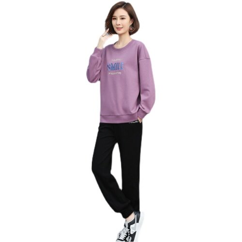 2022春季新款简约时尚气质圆领个性字母图案宽松休闲两件套,女装套装/套裙,丽影随形