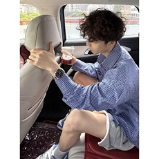 CS27-特P33控58美式复古蓝色格子长袖衬衫男潮流衬衣外套上衣，男装衬衫，电商B327