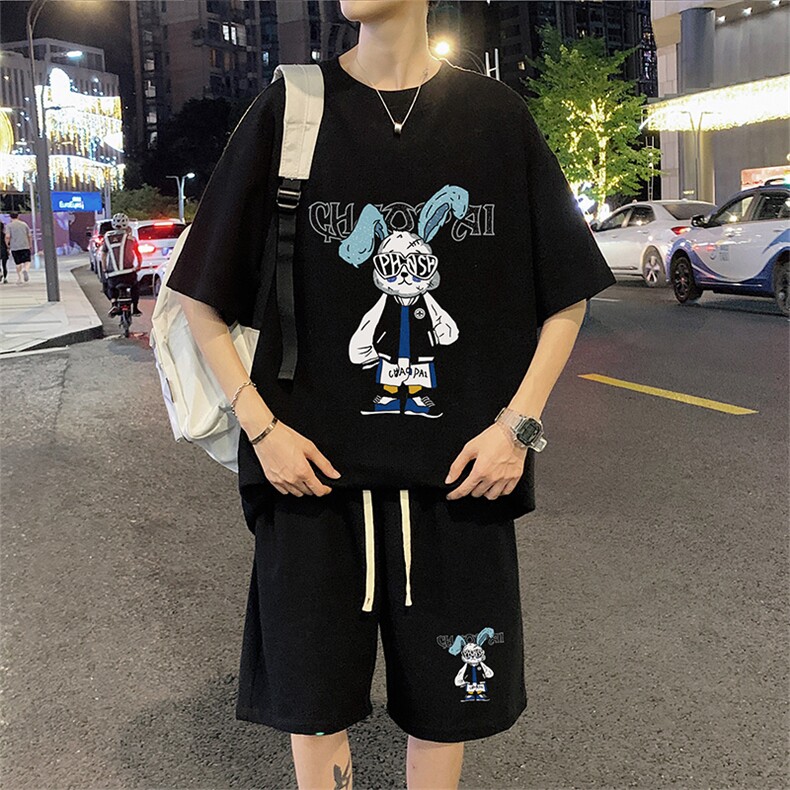 ！2024夏季新款潮牌青少年华夫格短袖套装学生一套HTZ52P50,男装T恤,电商B220