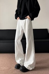 GENIOLAMODE白色cleanfit宽松微喇牛仔裤男新款秋季bootcut阔腿裤图片