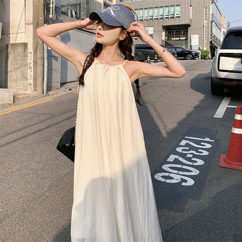 挂脖领露肩无袖连衣裙女夏2024新款设计感麻绳慵懒宽松显瘦长裙子，女装连衣裙，诺蝶