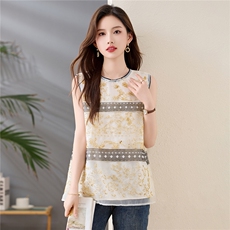 新中式重工串珠刺绣马甲女时髦洋气高级感薄款欧根纱无袖上衣，女装蕾丝衫/雪纺衫，依多米